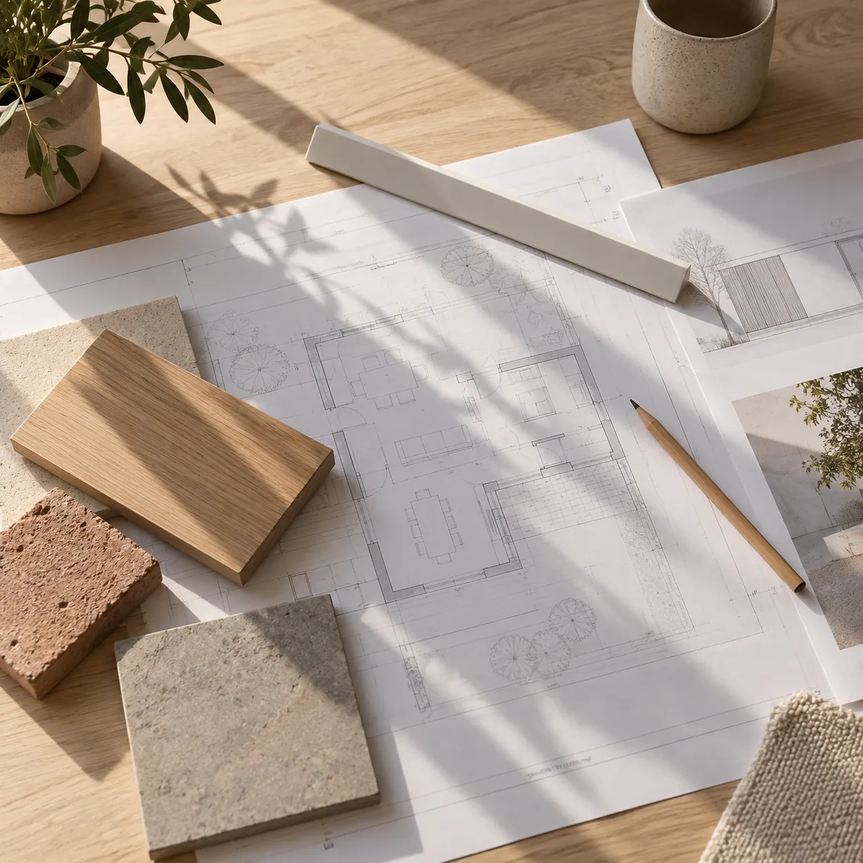 Planos, escalímetro y muestras de materiales sobre una mesa