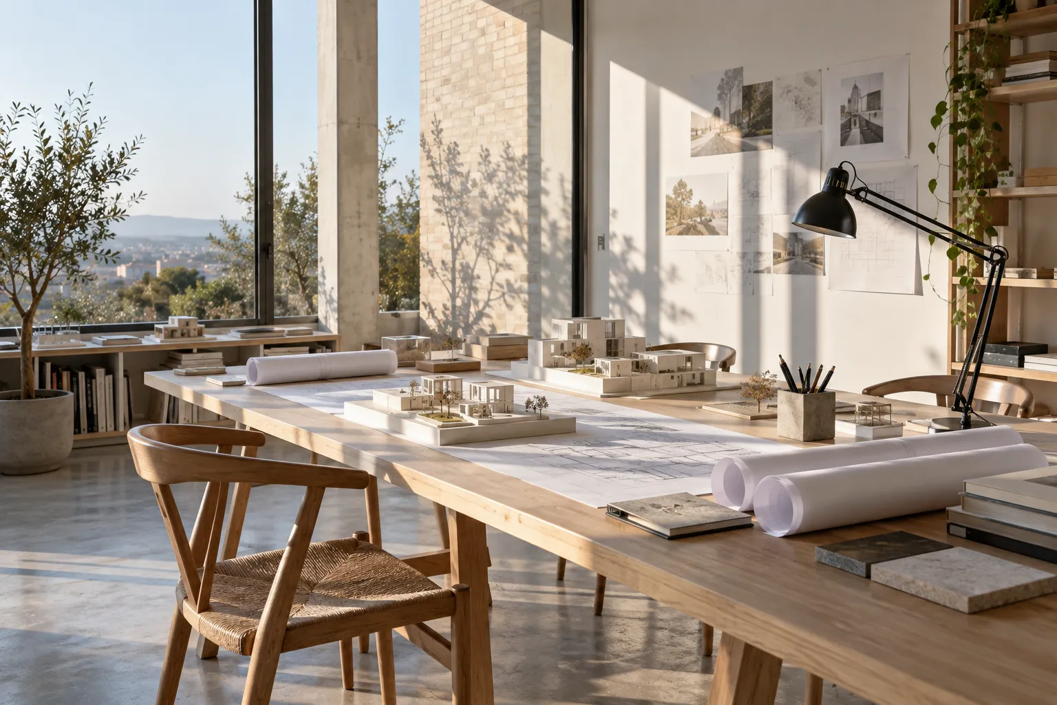 Mesa de trabajo del estudio con maquetas blancas y rollos de planos
