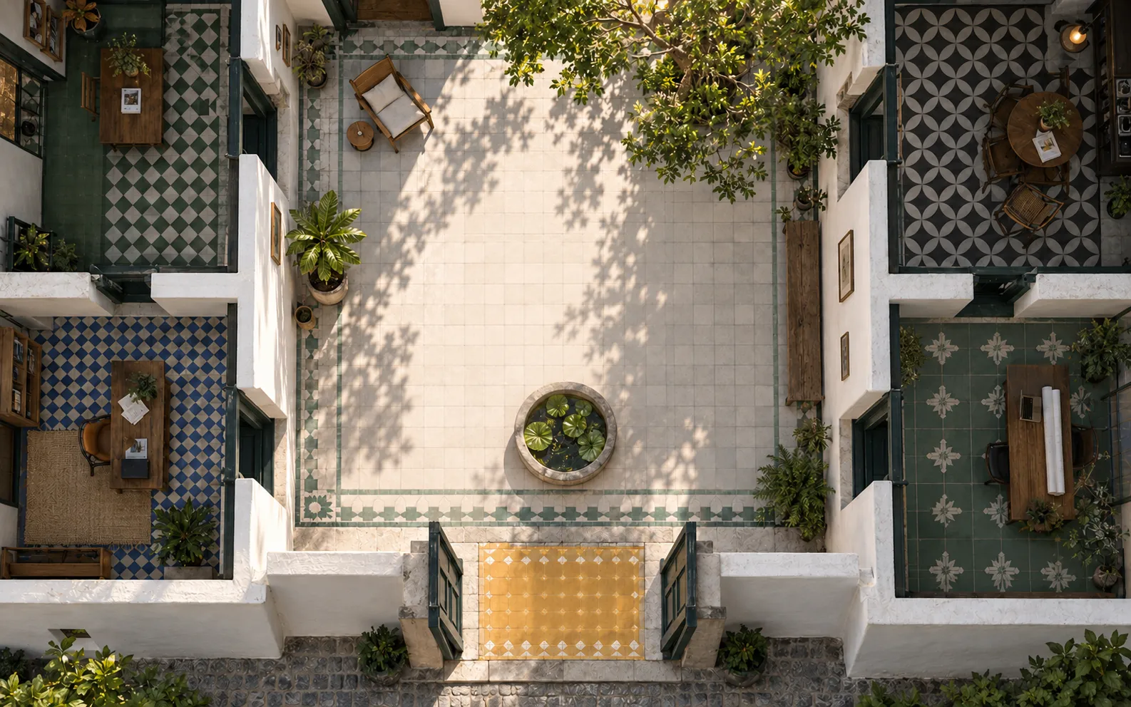 Planta de una casa con patio vista desde arriba: el patio de baldosas con una fuente y un árbol, rodeado de cuatro habitaciones con pisos de baldosa.