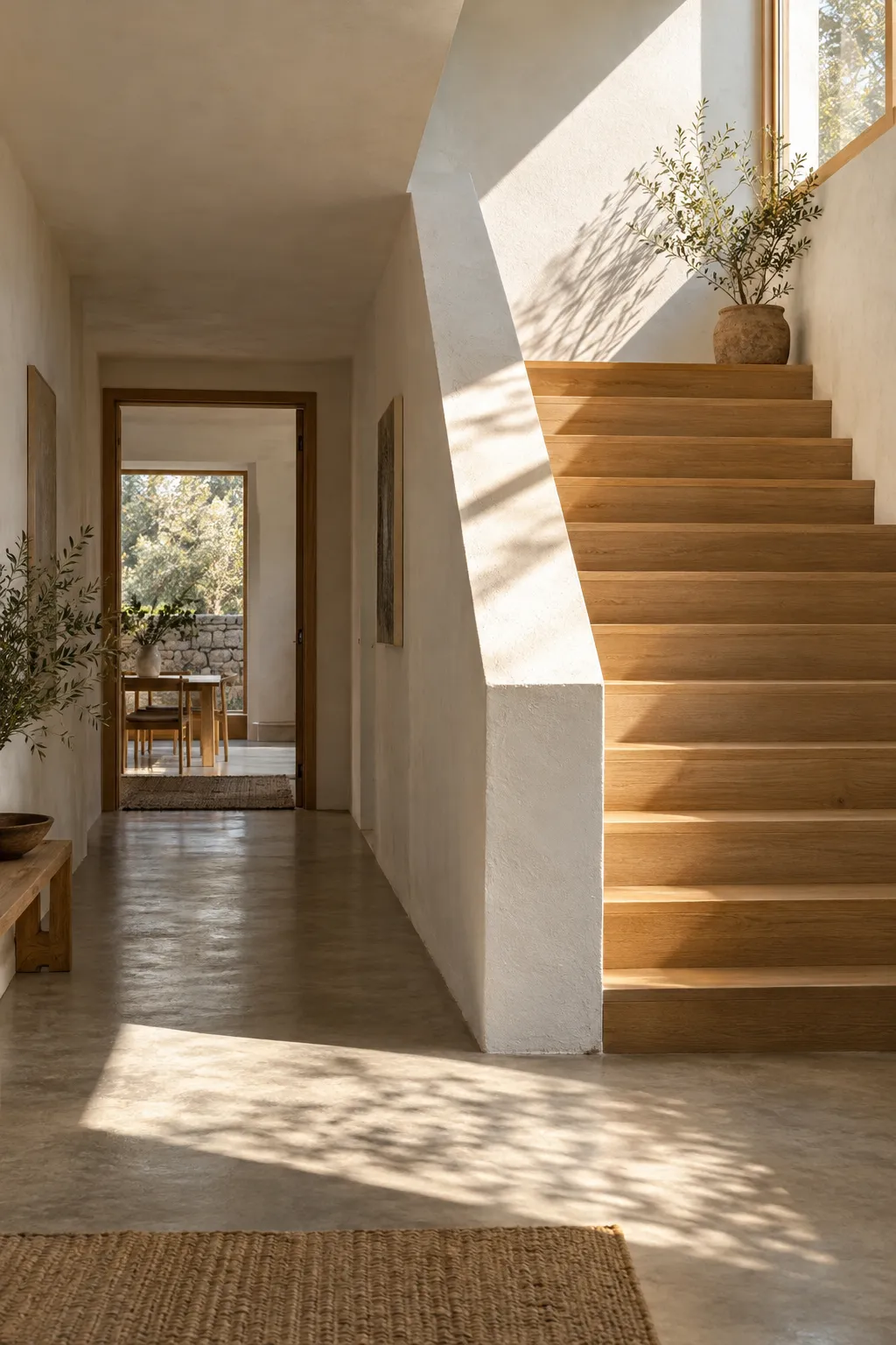 Escalera de madera junto a un muro encalado con un rectángulo de luz en el piso