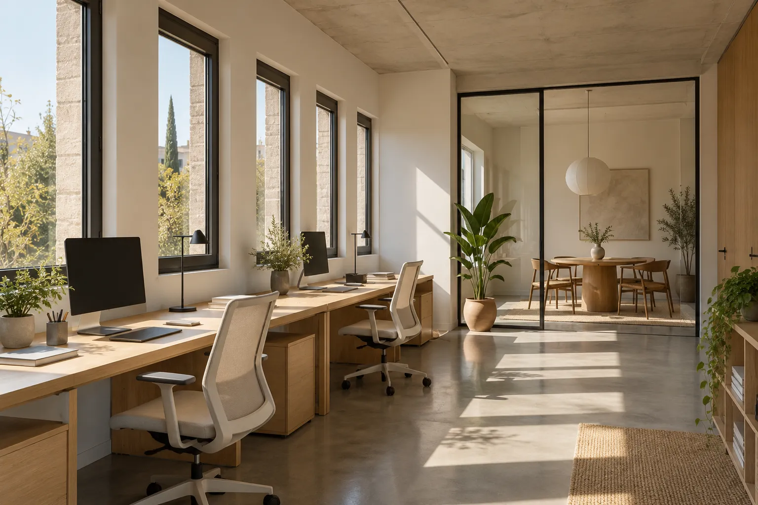 Oficina con escritorios alineados junto a cuatro ventanas altas