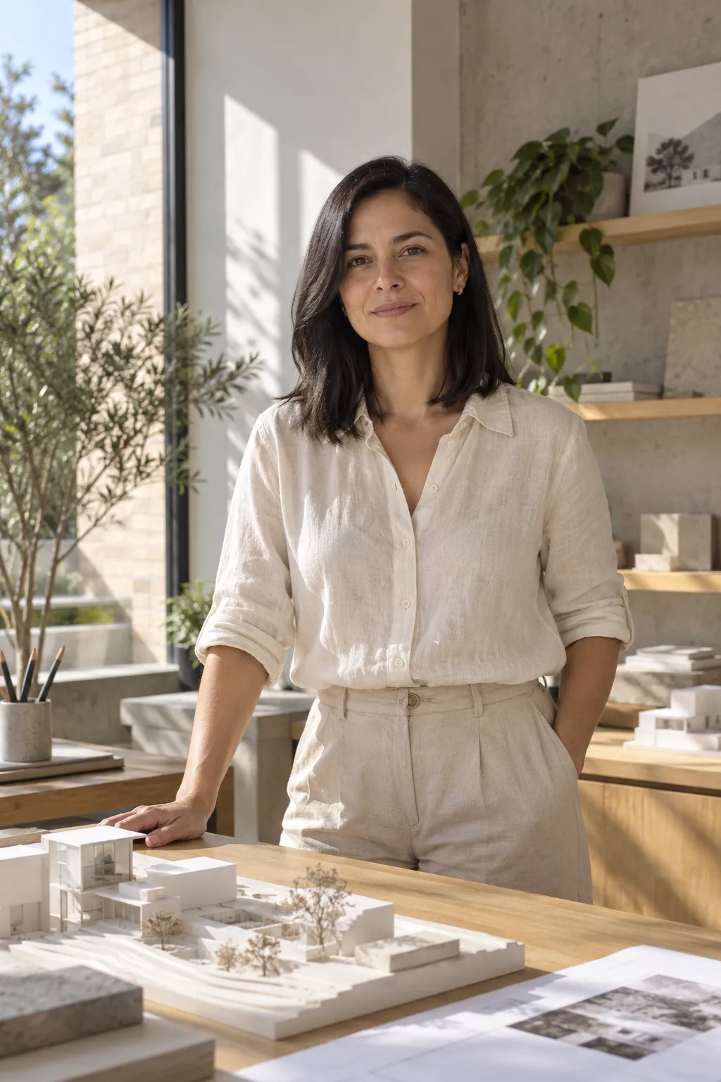 Retrato de Valentina Acosta, arquitecta y socia de Estudio Alba, junto a una mesa con maquetas