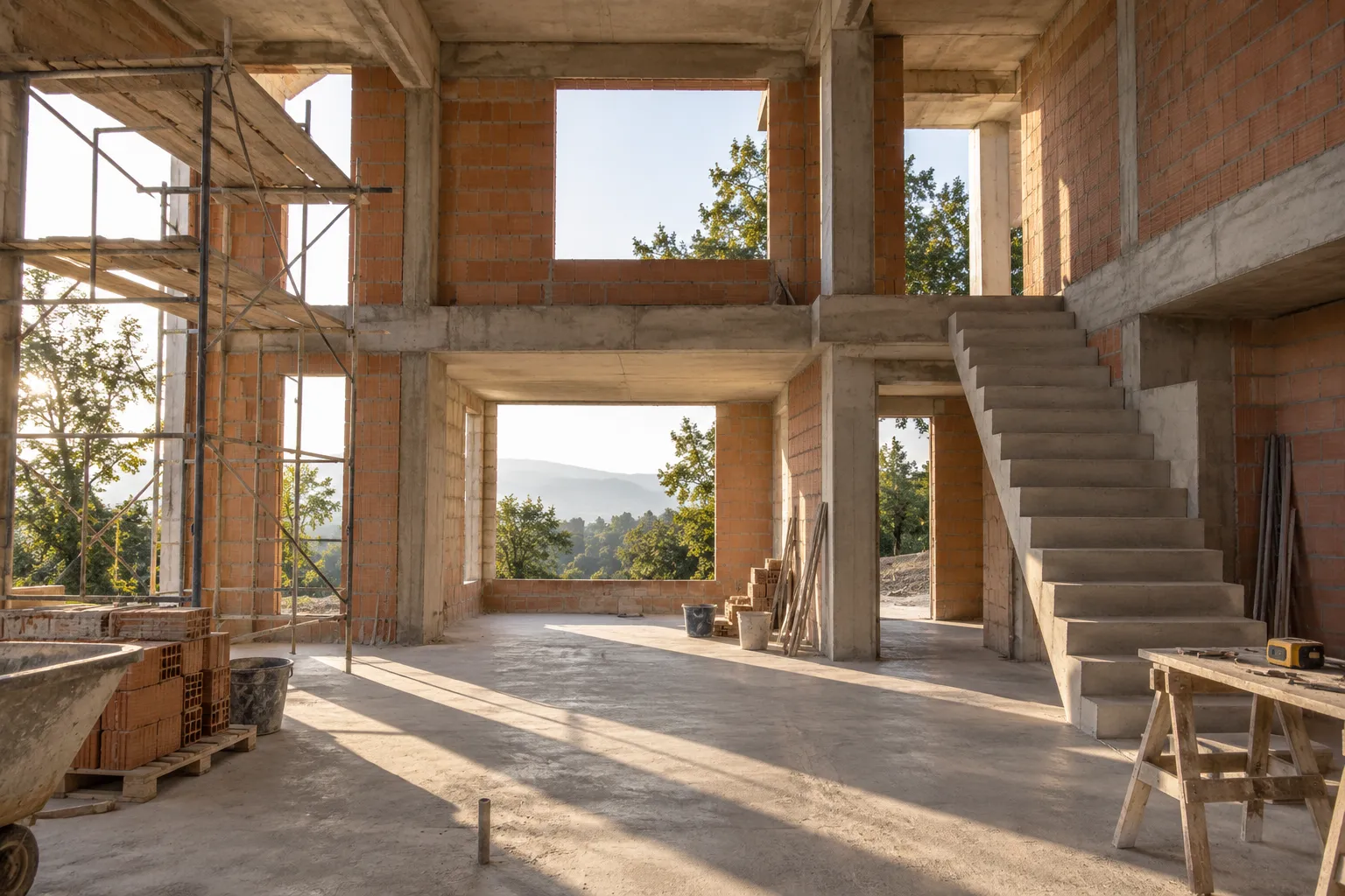 Casa en obra gris con muros de ladrillo y luz entrando por los vanos de las ventanas