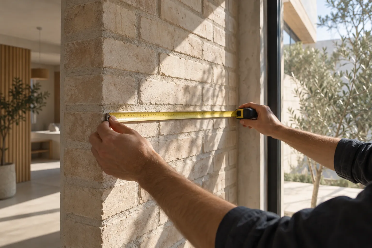 Manos con un flexómetro midiendo un muro de ladrillo junto a una ventana