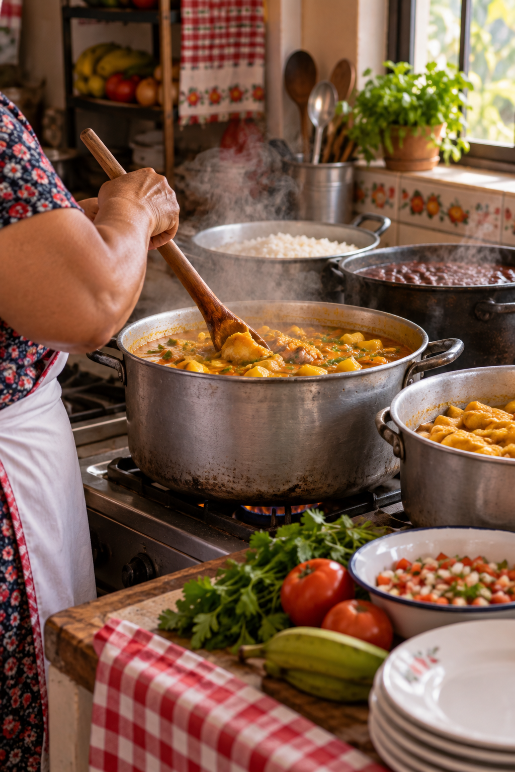 Ollas grandes al fuego en la cocina del comedor