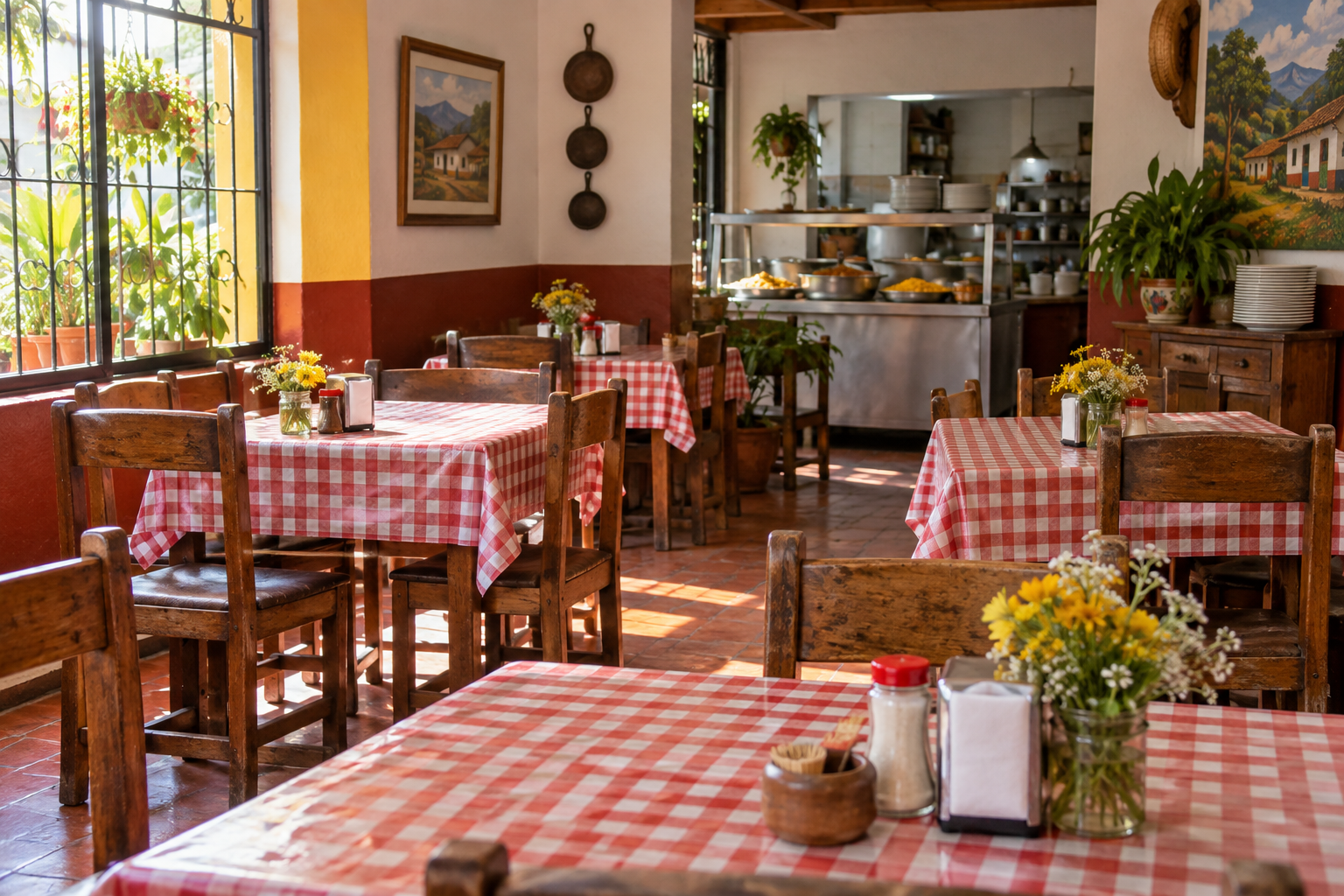 Comedor con mesas listas para el almuerzo
