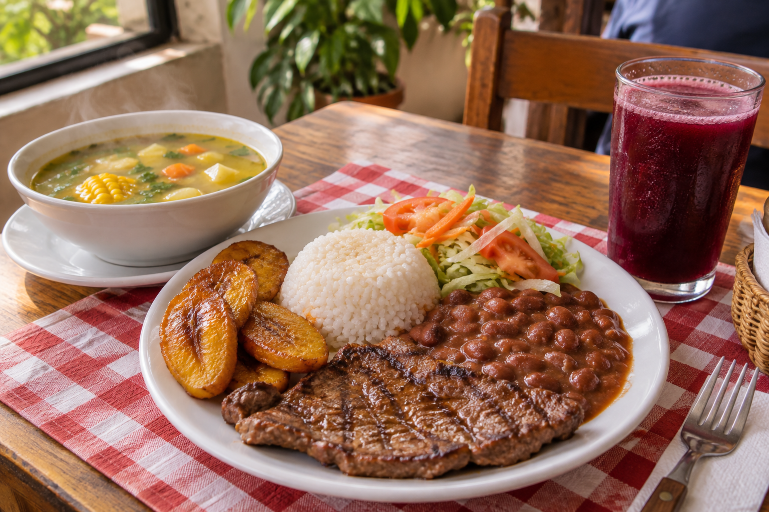 Almuerzo ejecutivo servido con sopa, arroz, frijoles, carne asada, maduro y jugo de mora
