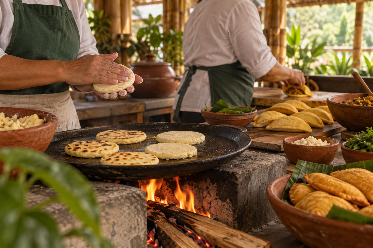 Cocineras preparando arepas en la cocina abierta