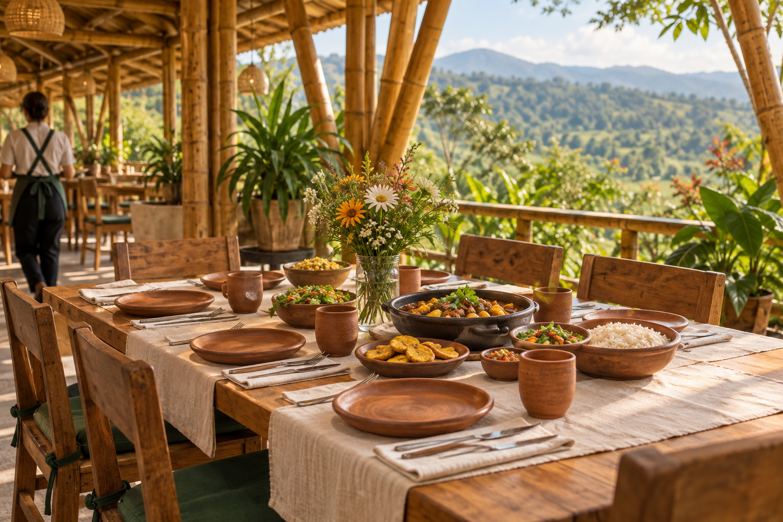Mesa reservada con flores y vajilla de barro