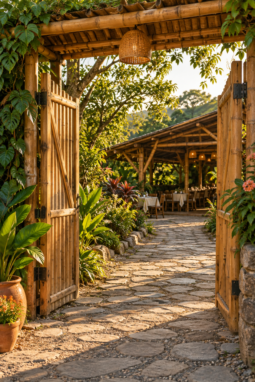 Portón de guadua a la entrada del restaurante