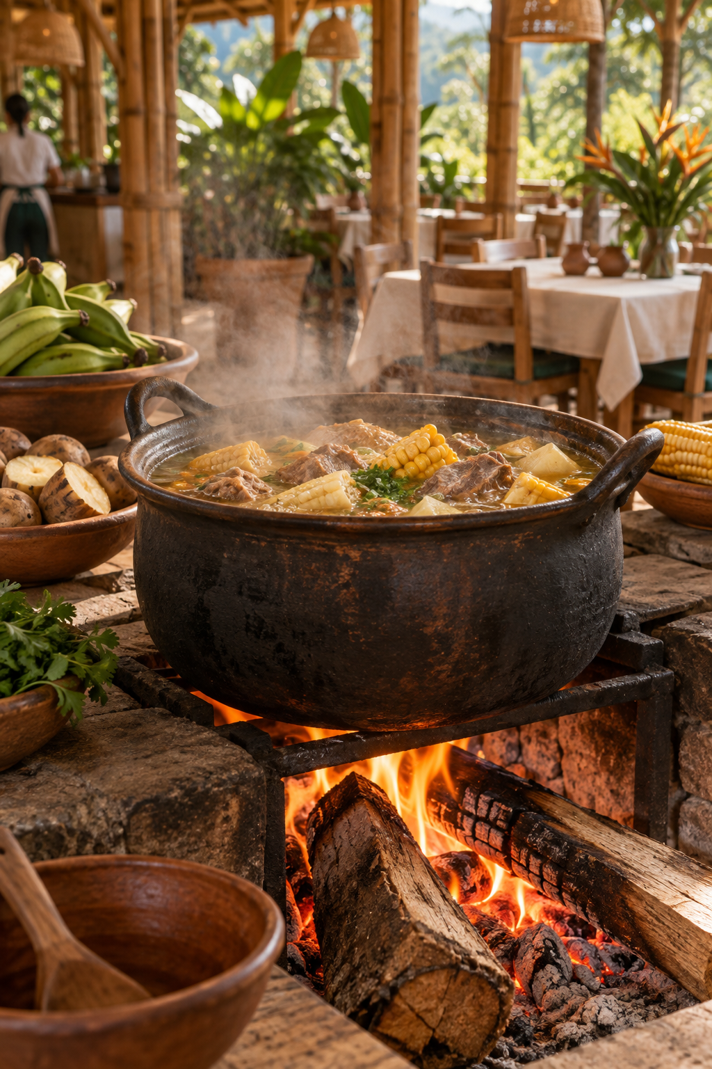 Olla de sancocho sobre el fogón de leña
