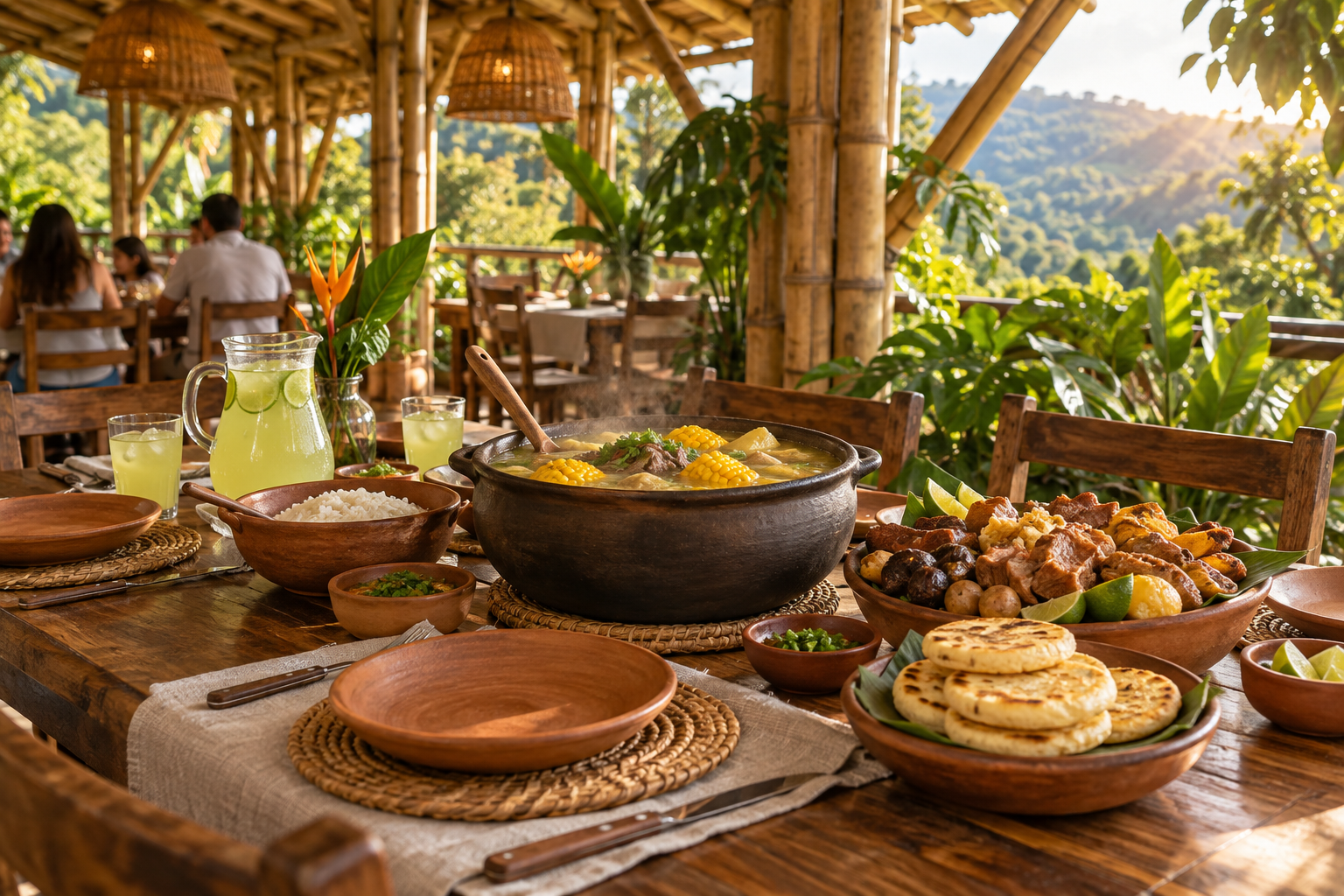 Mesa larga con sancocho, picada y limonada bajo un techo de guadua