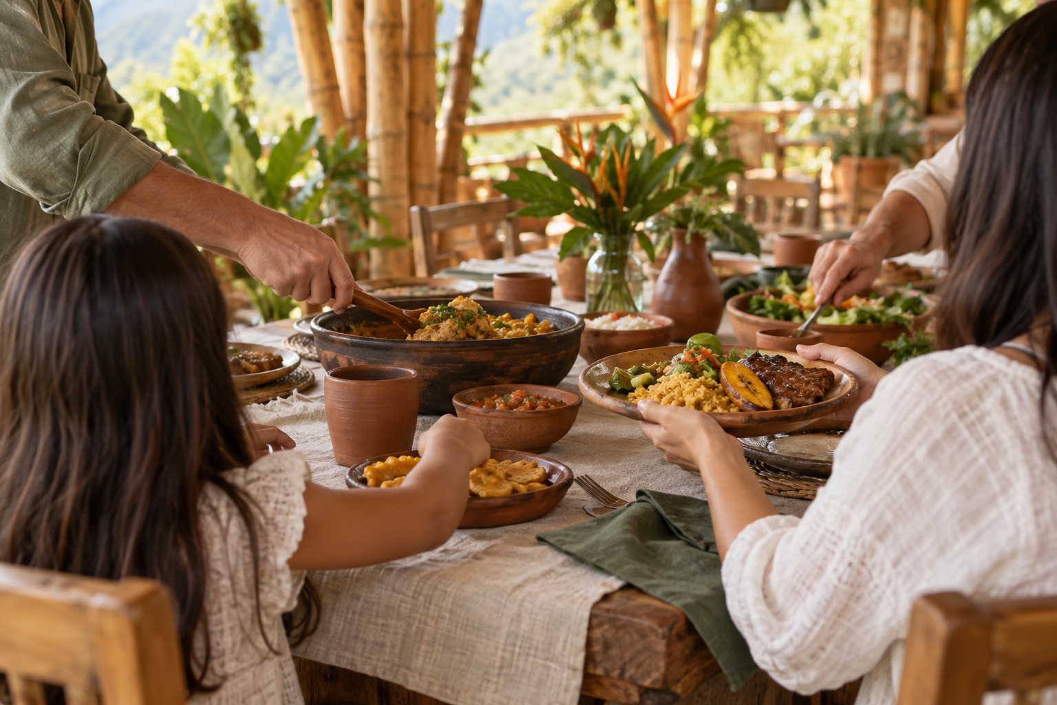 Familia compartiendo platos en una mesa larga