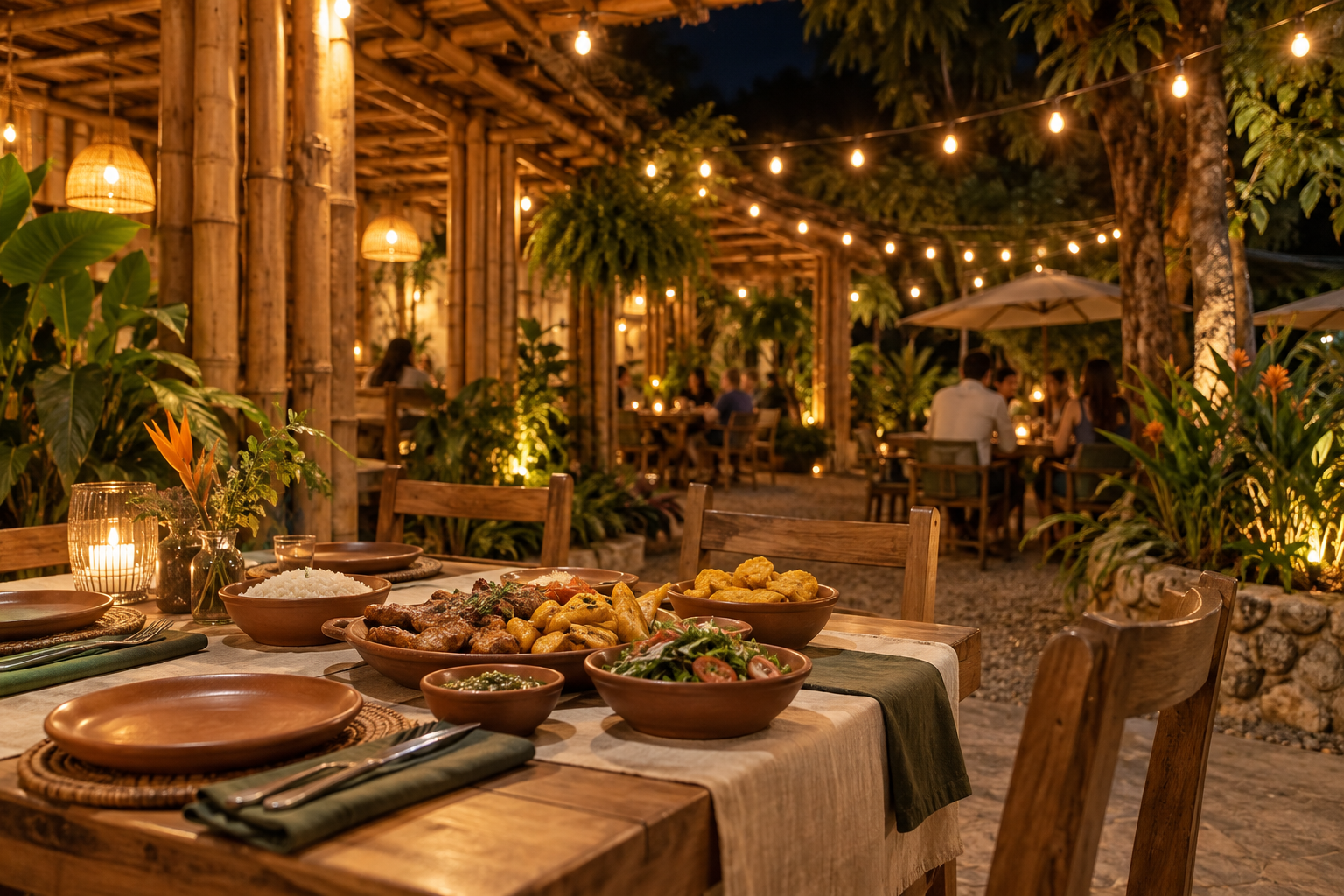 El patio de noche con bombillos colgantes