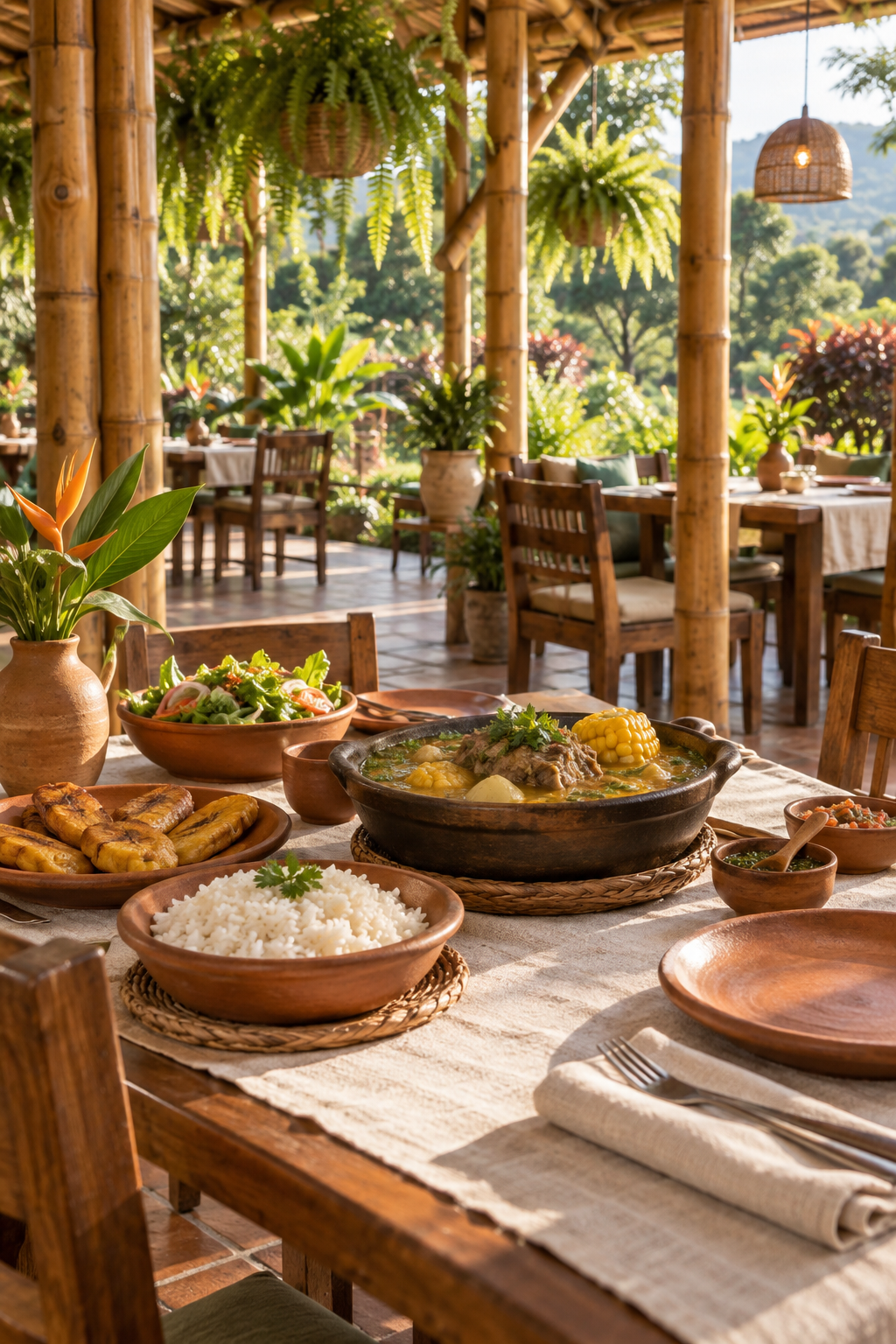 Patio con mesas, guadua y plantas