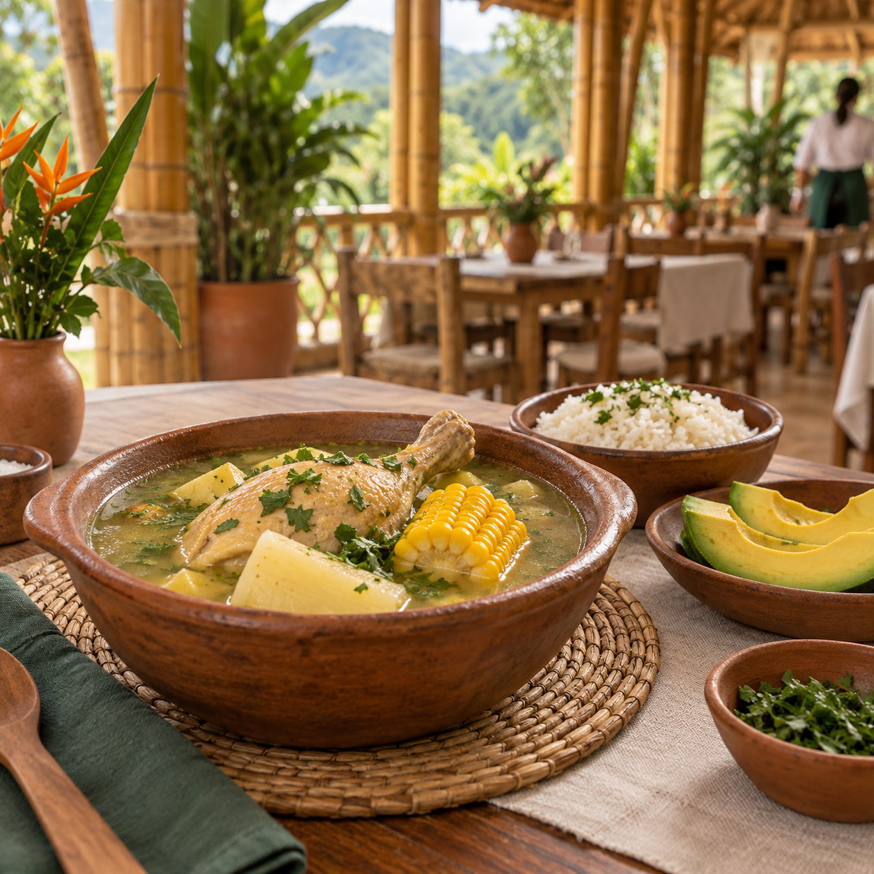 Sancocho de gallina servido en plato de barro