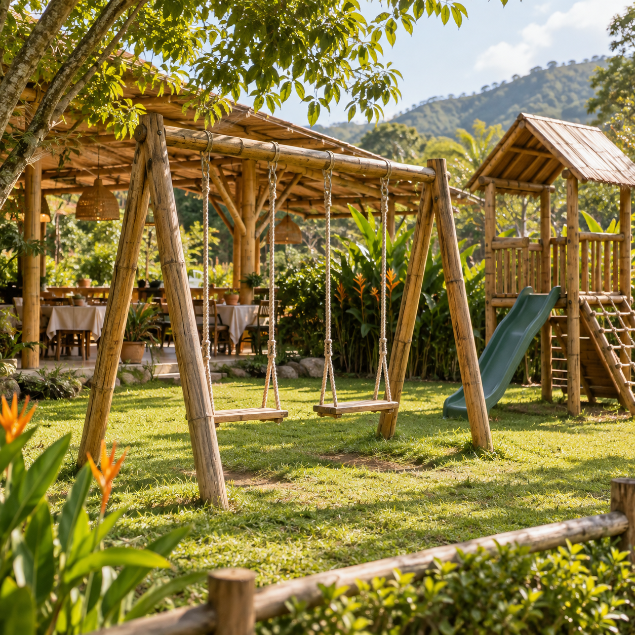 Zona de juegos para niños con columpios de madera
