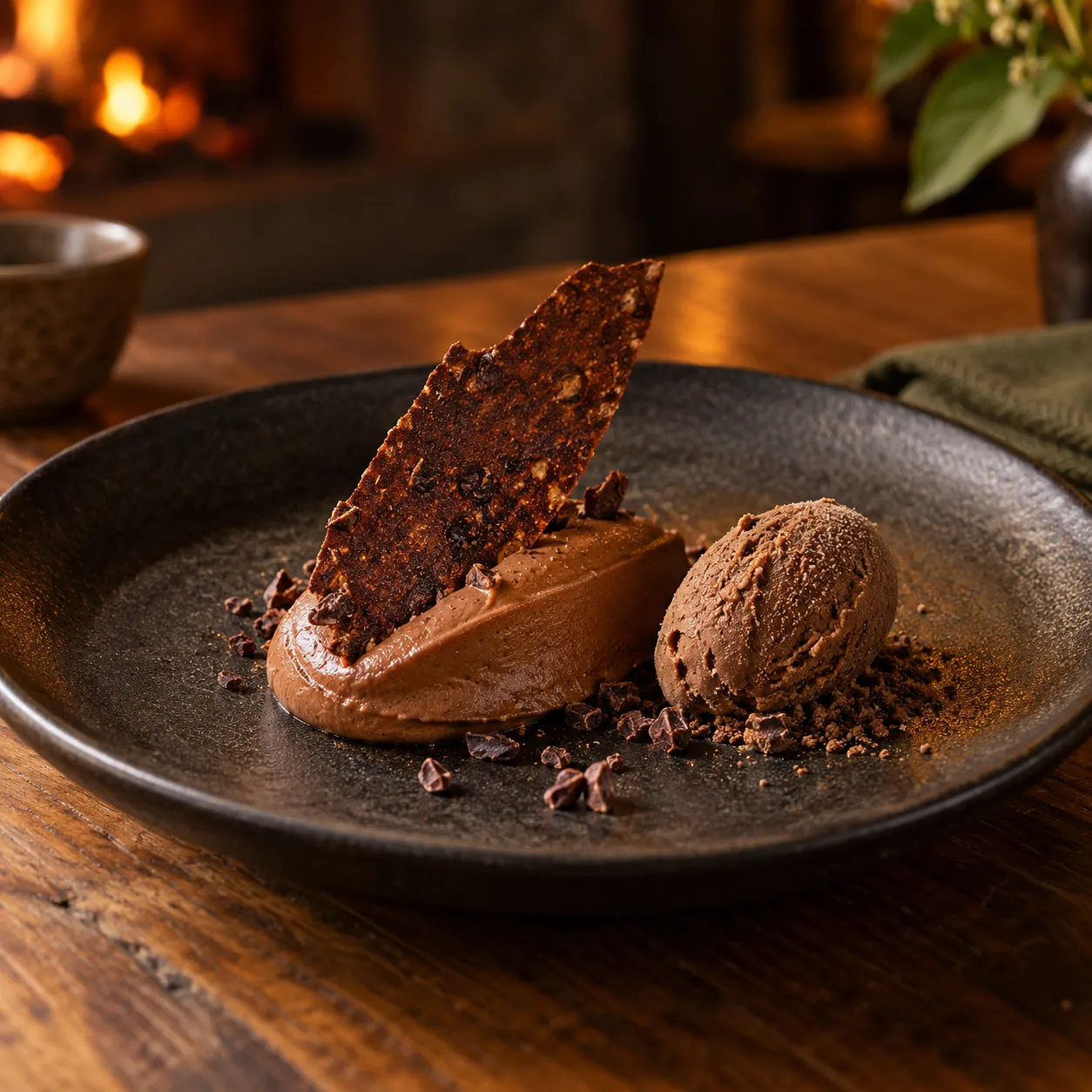 Postre de cacao en tres texturas