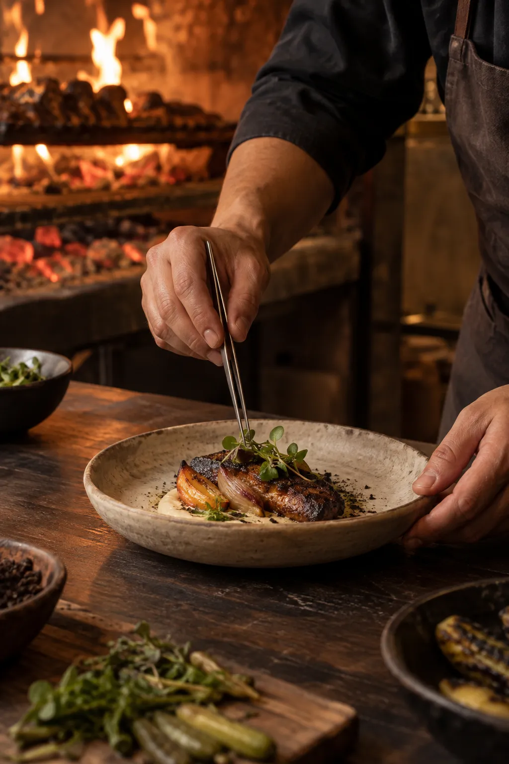 Manos de la chef emplatando junto a la brasa