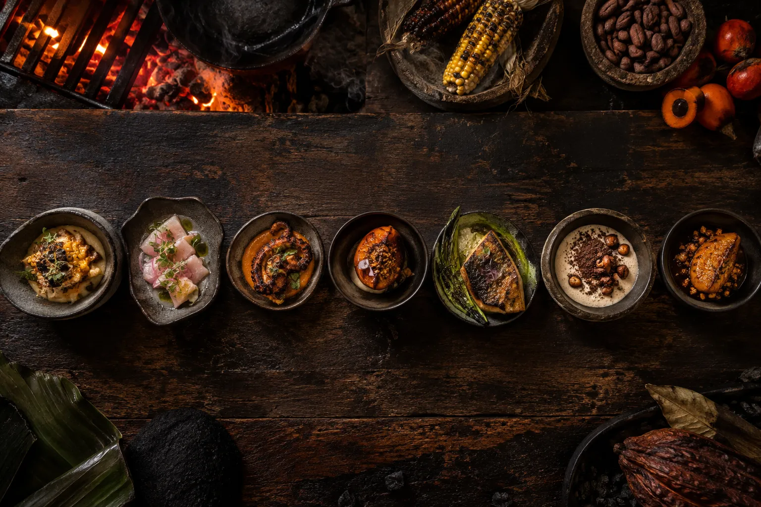 Siete platos pequeños del menú degustación sobre madera oscura
