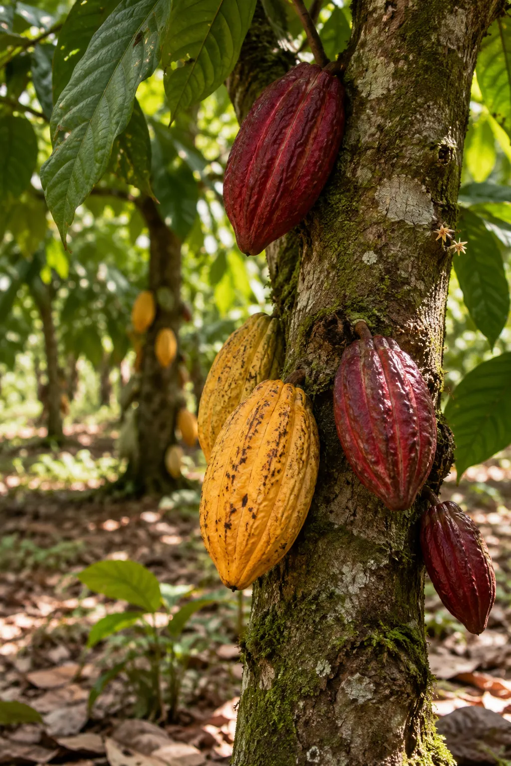 Mazorcas de cacao en el árbol