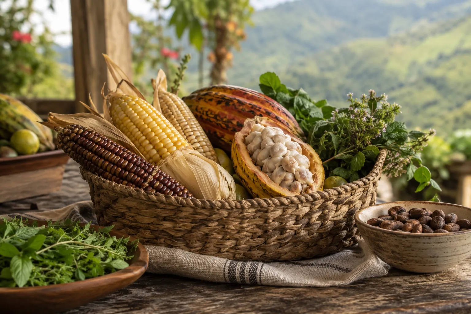 Canasta con mazorcas, cacao y hierbas recién cosechadas