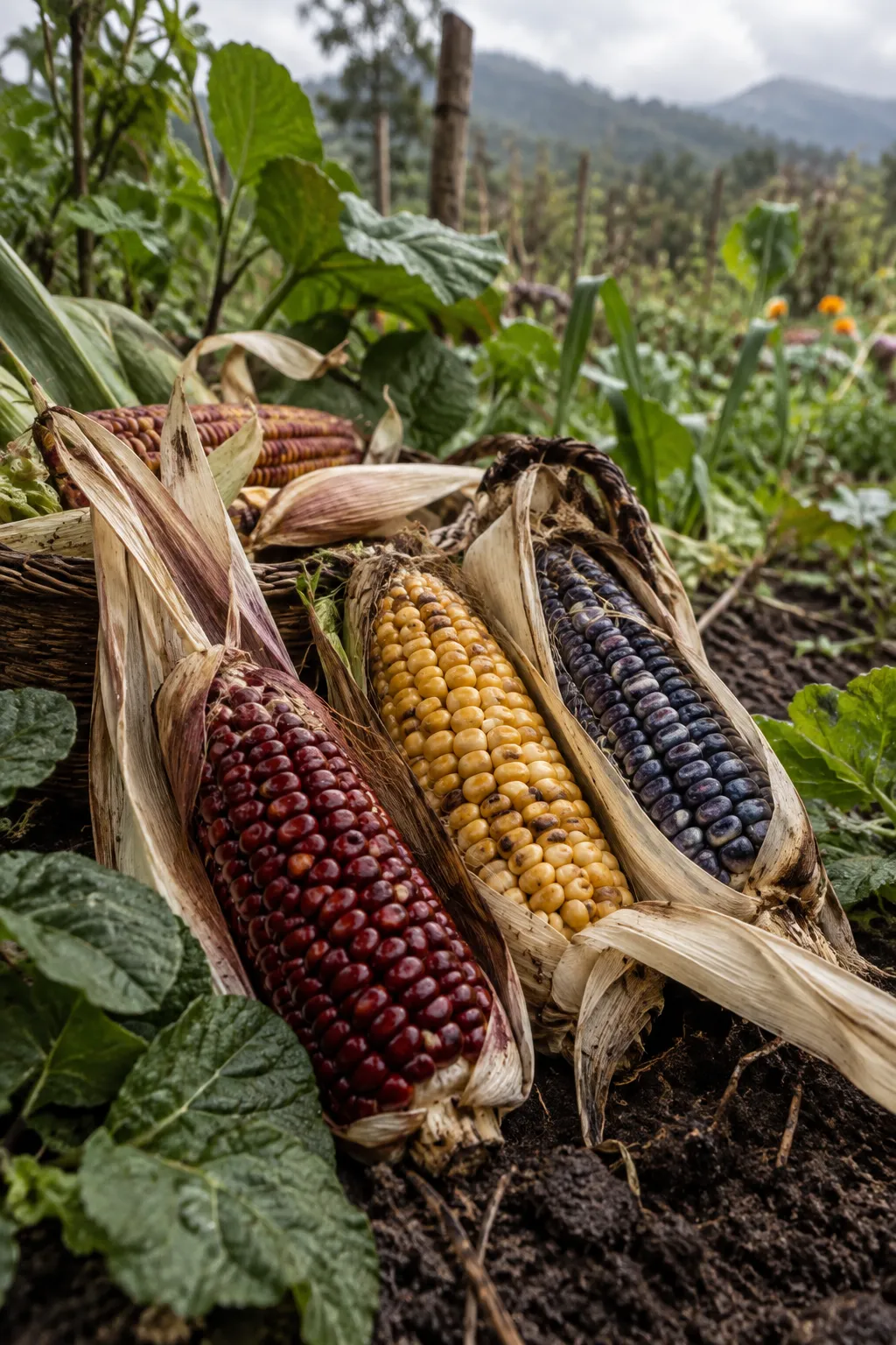 Maíz criollo de colores en la huerta