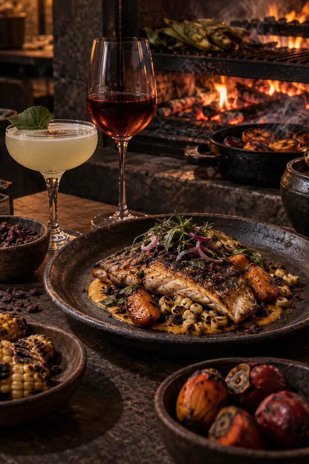 Coctel de viche y vino natural junto a un plato a la brasa