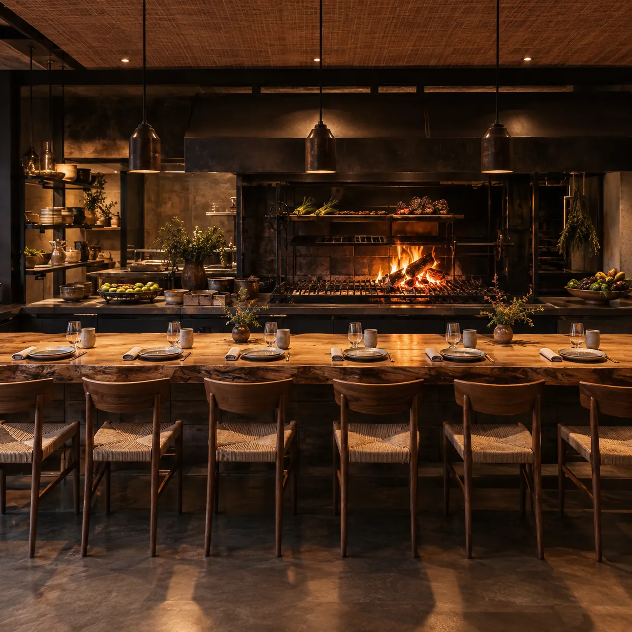 Barra de la mesa del chef frente a la parrilla