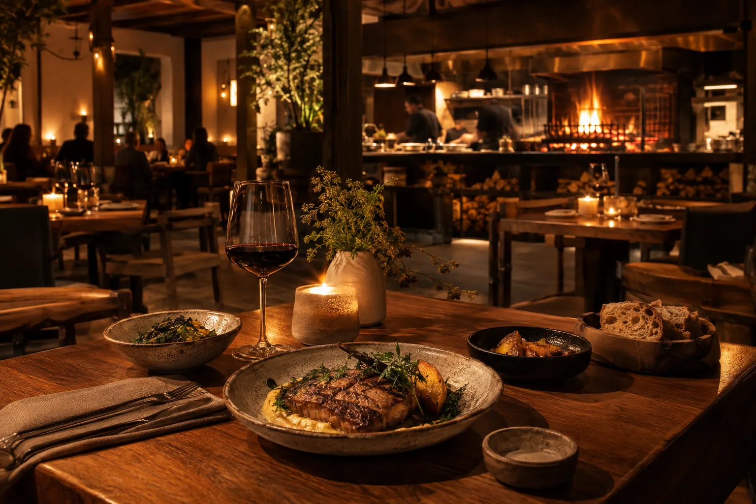 El salón de noche con la cocina abierta al fondo