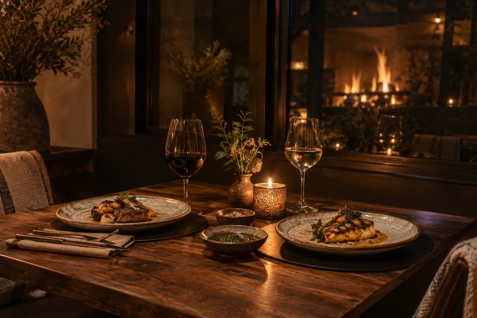 Mesa para dos con velas junto a la ventana