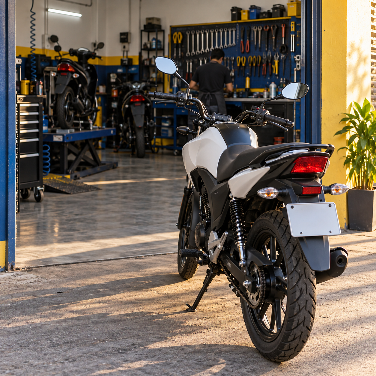 Moto lista para entregar en la puerta del taller