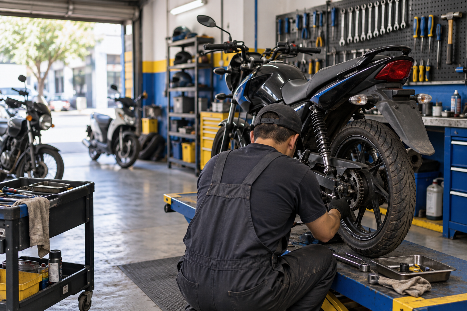 Mecánico ajustando la cadena de una moto en el taller