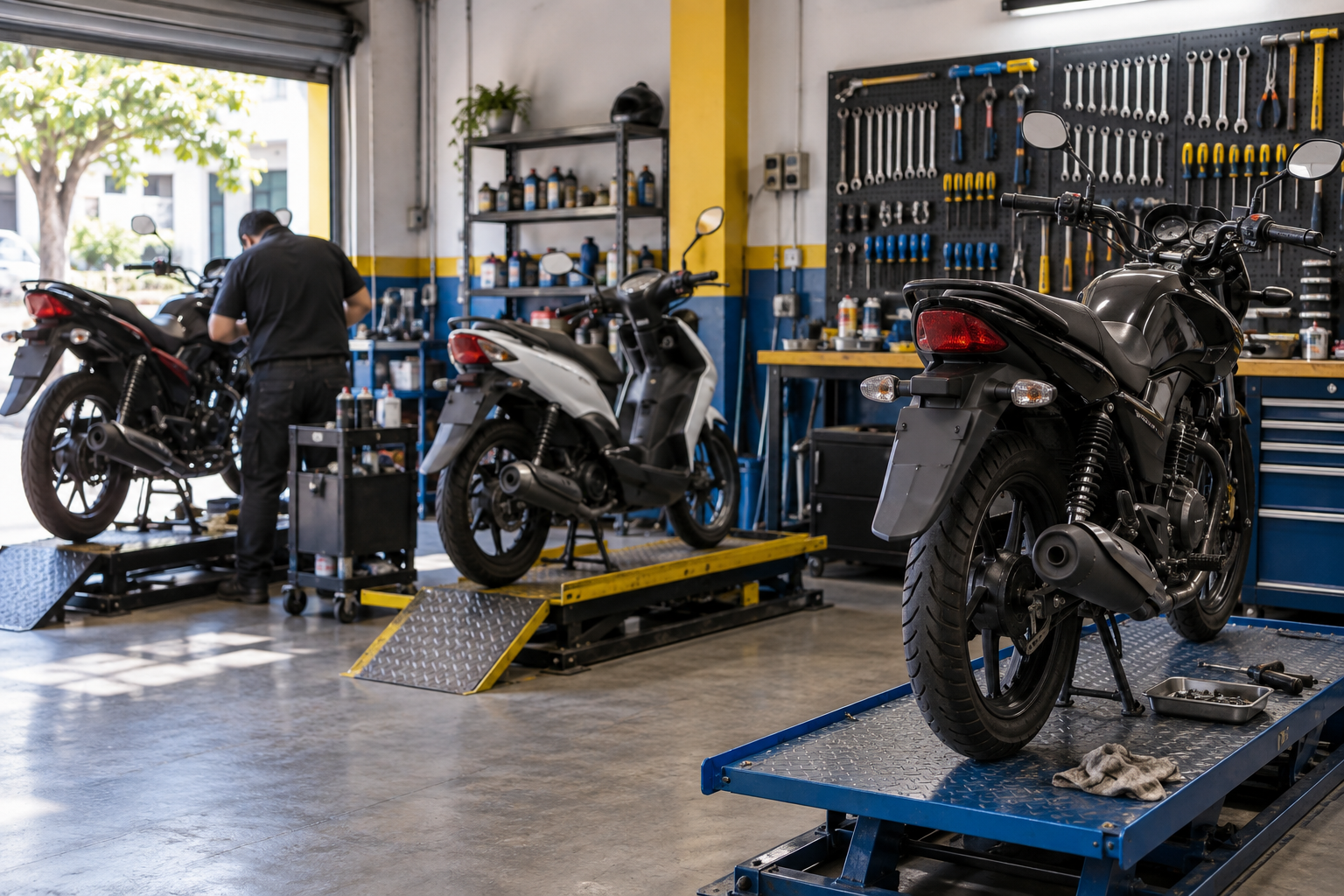 Interior del taller con motos en servicio