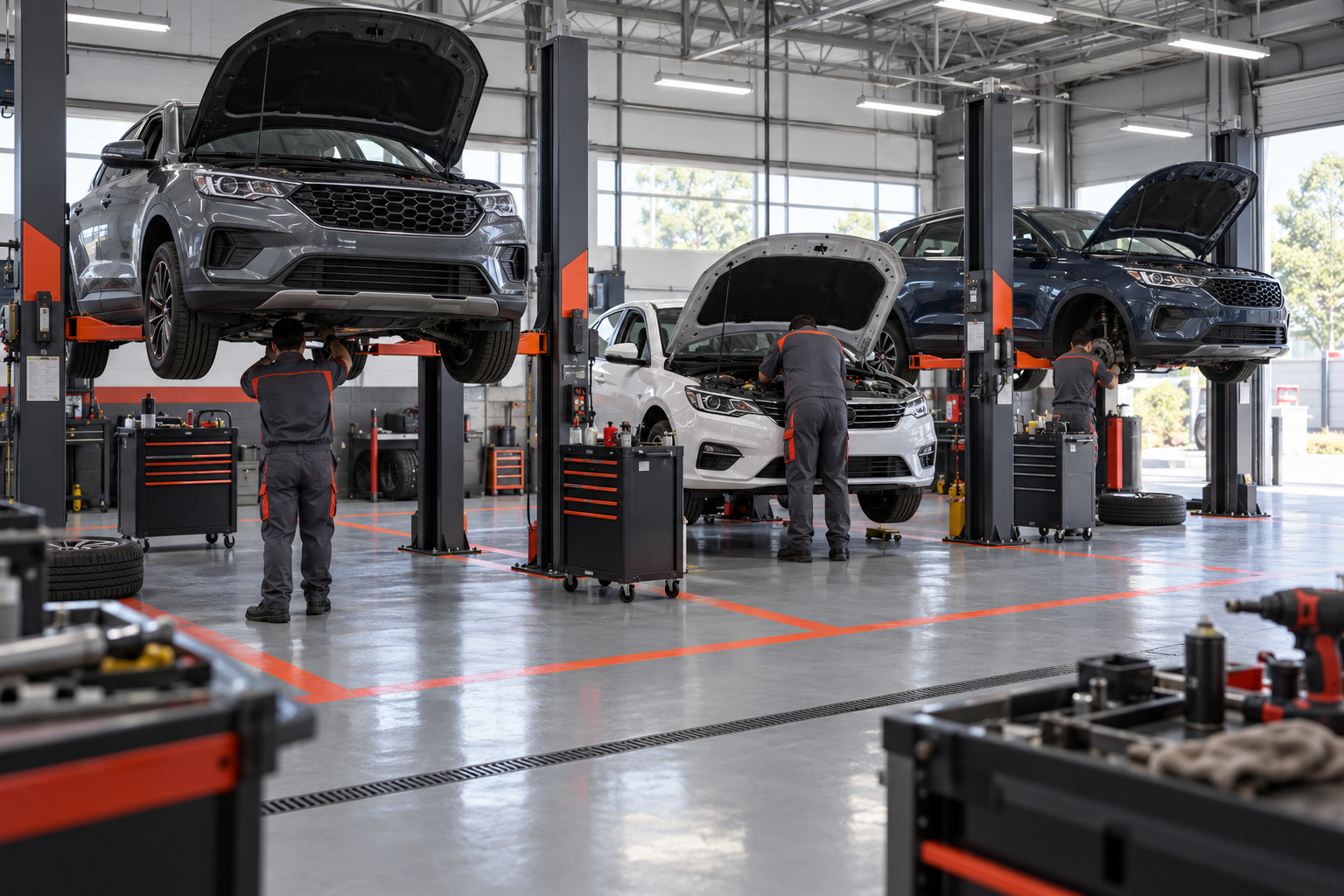 Bahías del servicentro con carros en servicio