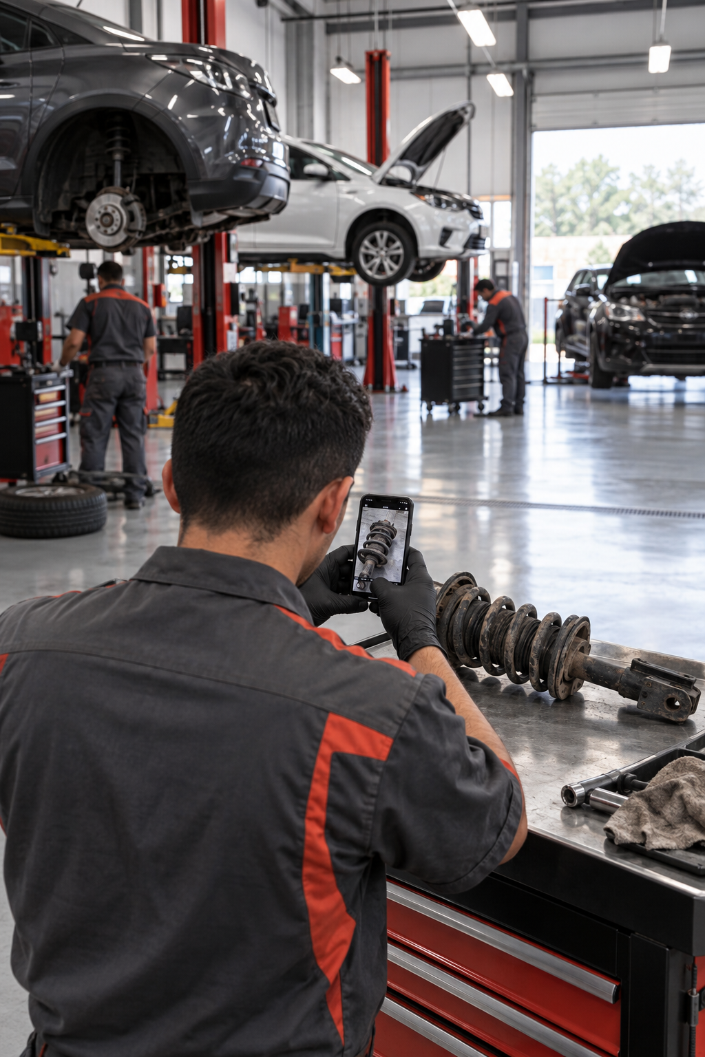 Técnico fotografiando una pieza desgastada para el cliente