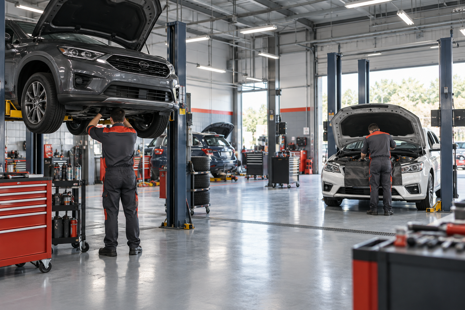 Técnicos trabajando en dos vehículos