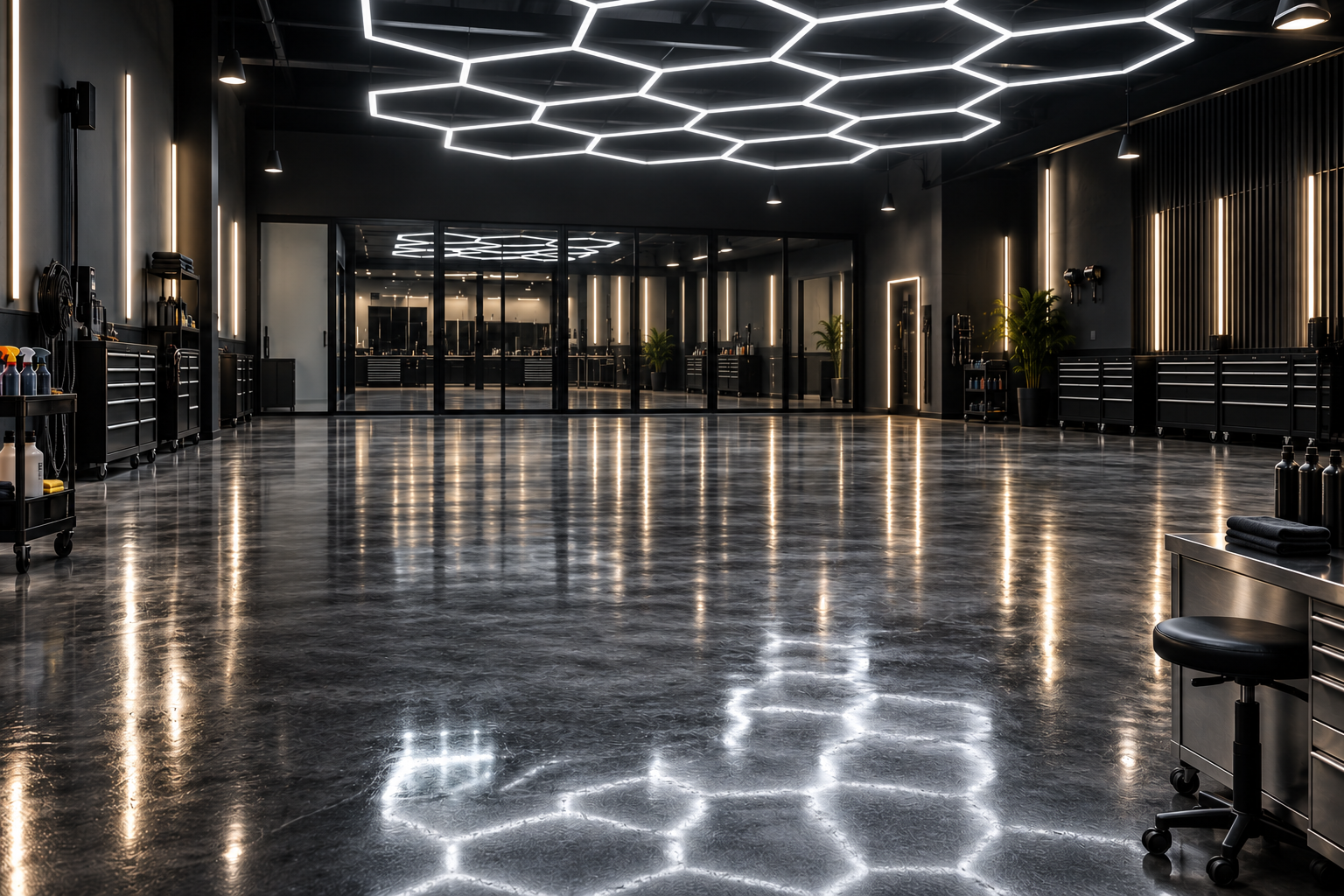 Estudio vacío con luces lineales en el techo